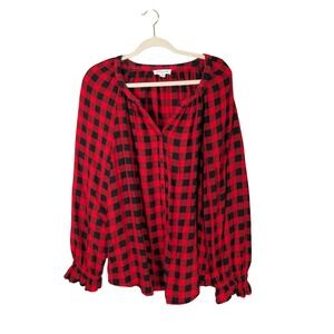 Beachlunchlounge Top XL Red Black Buffalo Plaid V-Neck Ruffle Cuff